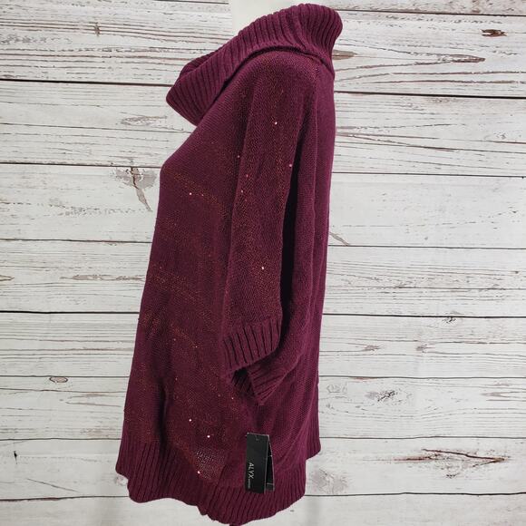 ALYX New Burgundy Knit Metallic Sequins Cowl Neck Dolman Sleeve Top Size 1X - Picture 3 of 11